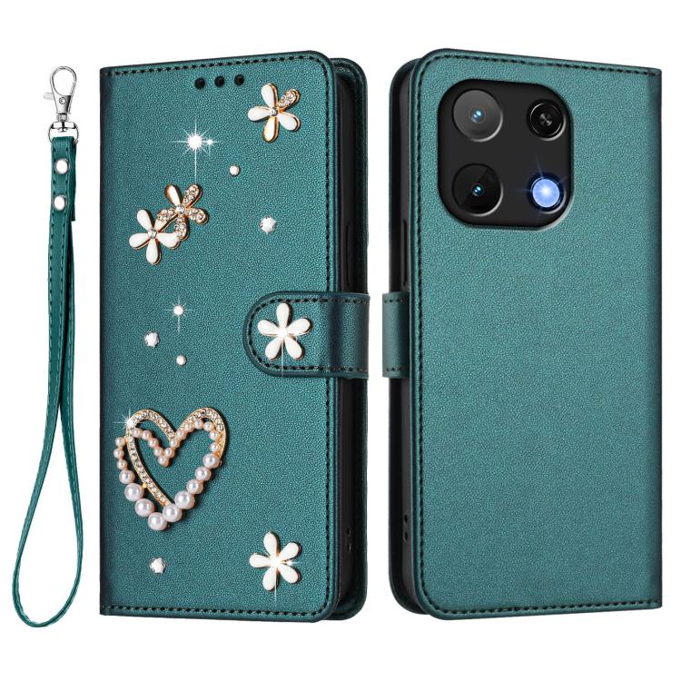 For Umidigi Note 90 ZS01 Double-Layer Heart Floral Vegan Leather Phone Case with Wrist Strap