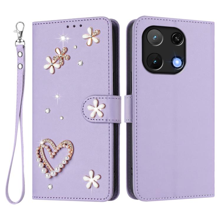 For Umidigi Note 90 ZS01 Double-Layer Heart Floral Vegan Leather Phone Case with Wrist Strap