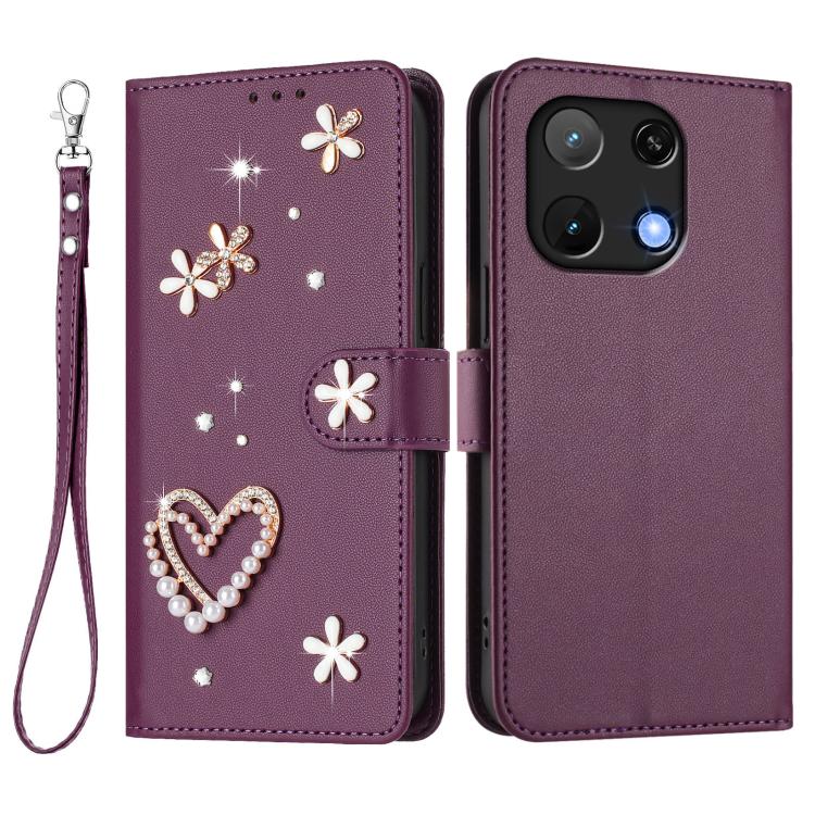 For Umidigi Note 90 ZS01 Double-Layer Heart Floral Vegan Leather Phone Case with Wrist Strap