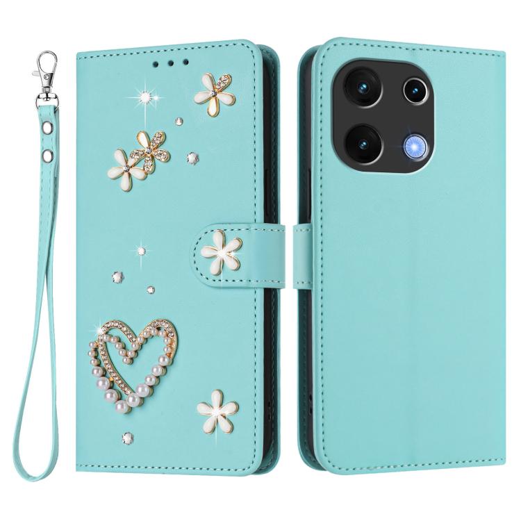 For Umidigi Note 100 ZS01 Double-Layer Heart Floral Vegan Leather Phone Case with Wrist Strap
