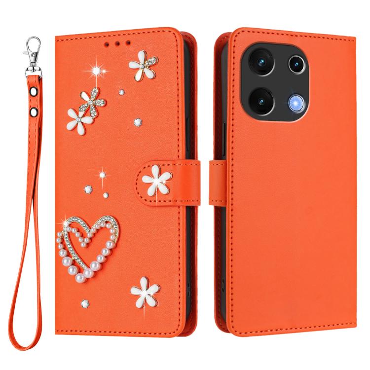 For Umidigi Note 100 ZS01 Double-Layer Heart Floral Vegan Leather Phone Case with Wrist Strap