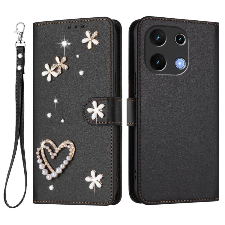 For Umidigi Note 100 ZS01 Double-Layer Heart Floral Vegan Leather Phone Case with Wrist Strap