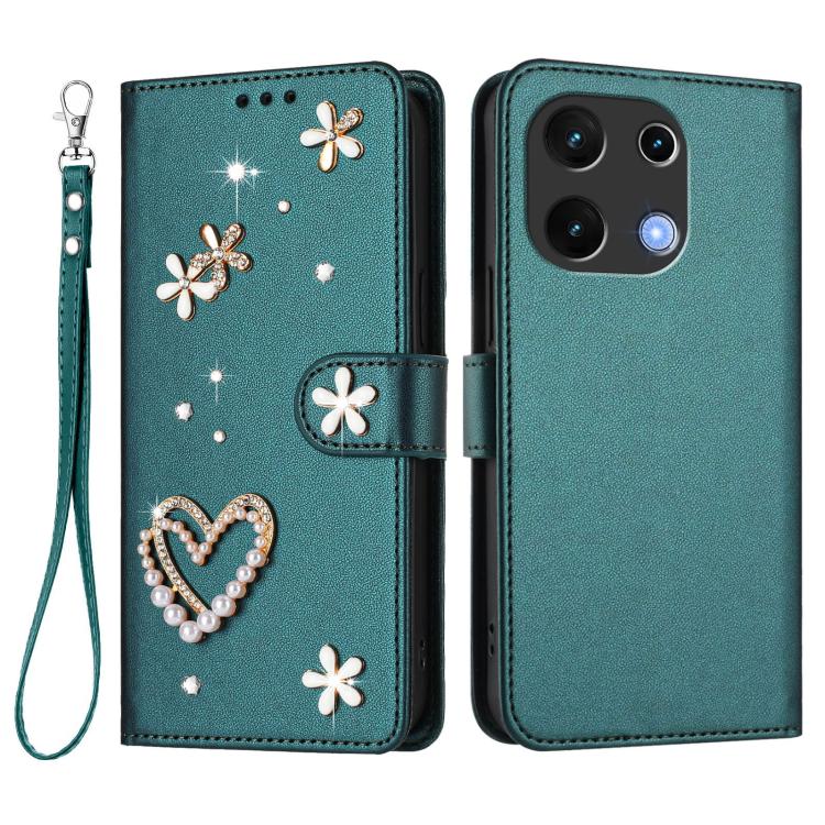 For Umidigi Note 100 ZS01 Double-Layer Heart Floral Vegan Leather Phone Case with Wrist Strap