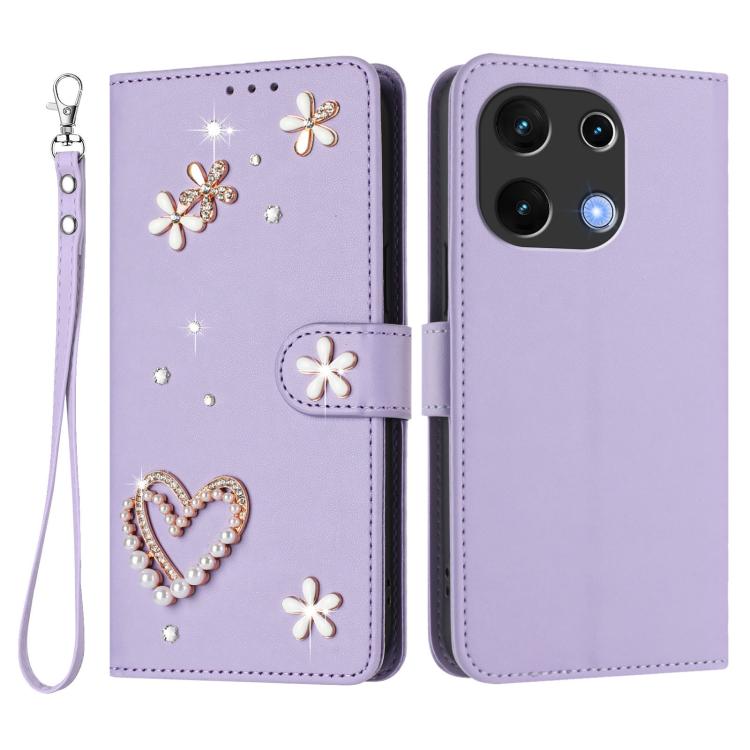 For Umidigi Note 100 ZS01 Double-Layer Heart Floral Vegan Leather Phone Case with Wrist Strap