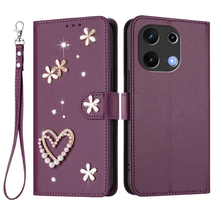 For Umidigi Note 100 ZS01 Double-Layer Heart Floral Vegan Leather Phone Case with Wrist Strap
