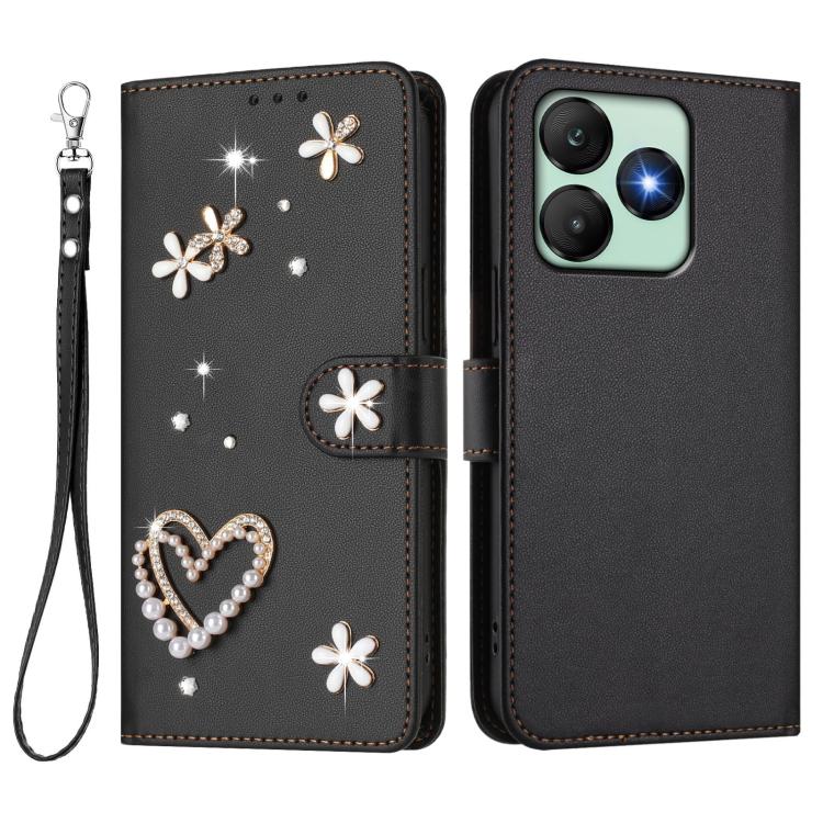 For Wiko T20 ZS01 Double-Layer Heart Floral Vegan Leather Phone Case with Wrist Strap