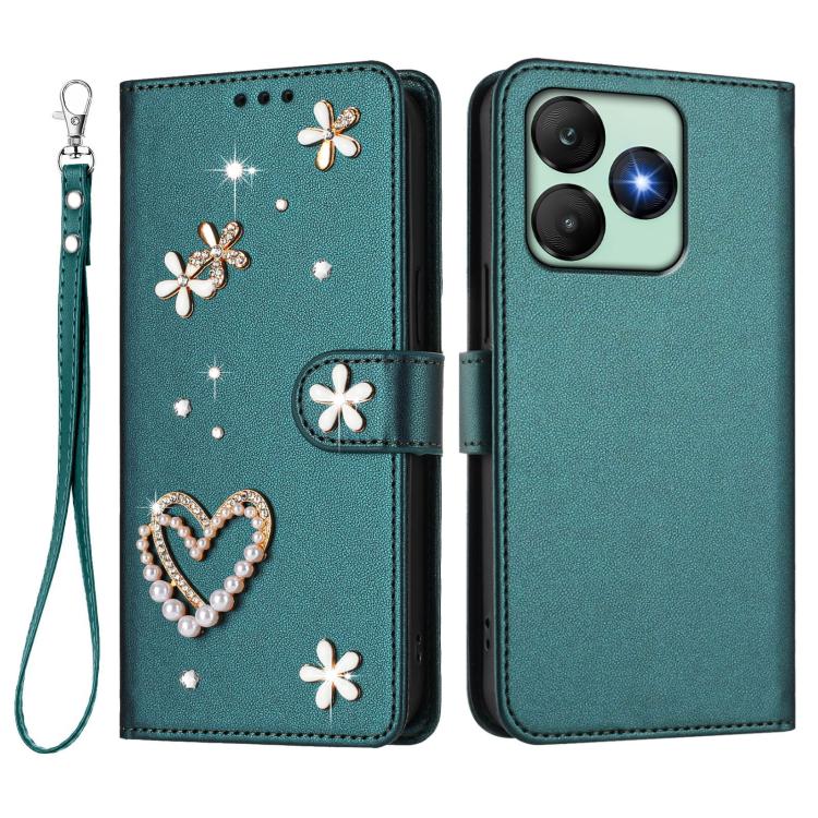 For Wiko T20 ZS01 Double-Layer Heart Floral Vegan Leather Phone Case with Wrist Strap