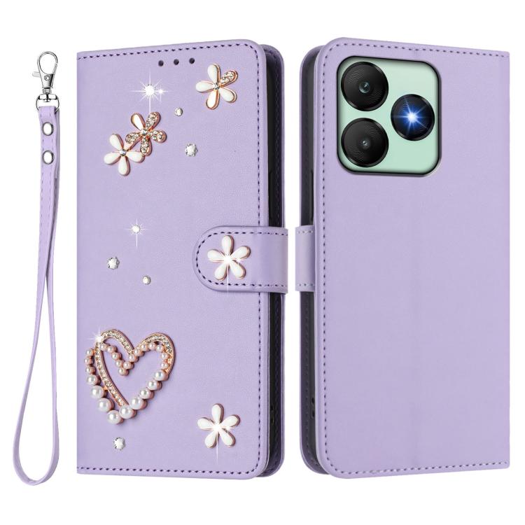 For Wiko T20 ZS01 Double-Layer Heart Floral Vegan Leather Phone Case with Wrist Strap