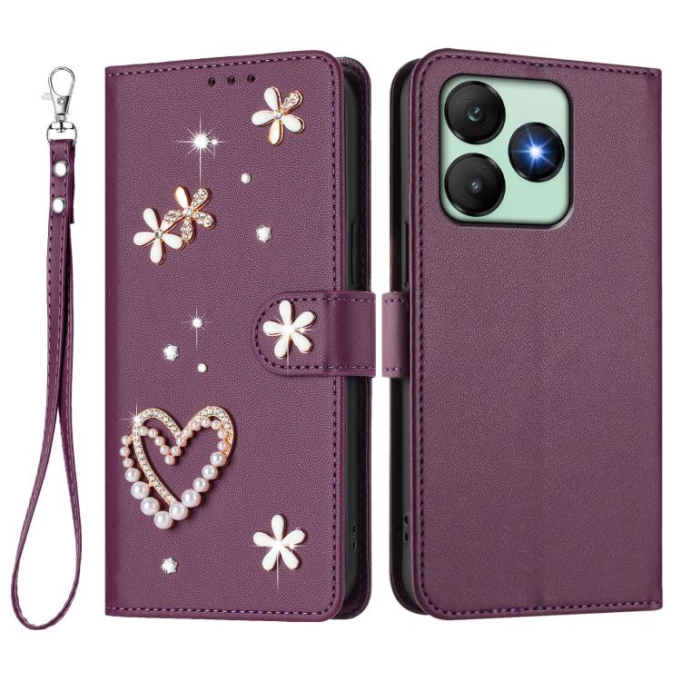 For Wiko T20 ZS01 Double-Layer Heart Floral Vegan Leather Phone Case with Wrist Strap