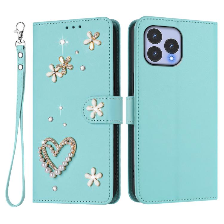 For Wiko T60 / Cubot P80 ZS01 Double-Layer Heart Floral Vegan Leather Phone Case with Wrist Strap
