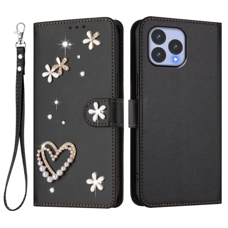 For Wiko T60 / Cubot P80 ZS01 Double-Layer Heart Floral Vegan Leather Phone Case with Wrist Strap