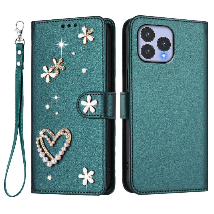 For Wiko T60 / Cubot P80 ZS01 Double-Layer Heart Floral Vegan Leather Phone Case with Wrist Strap