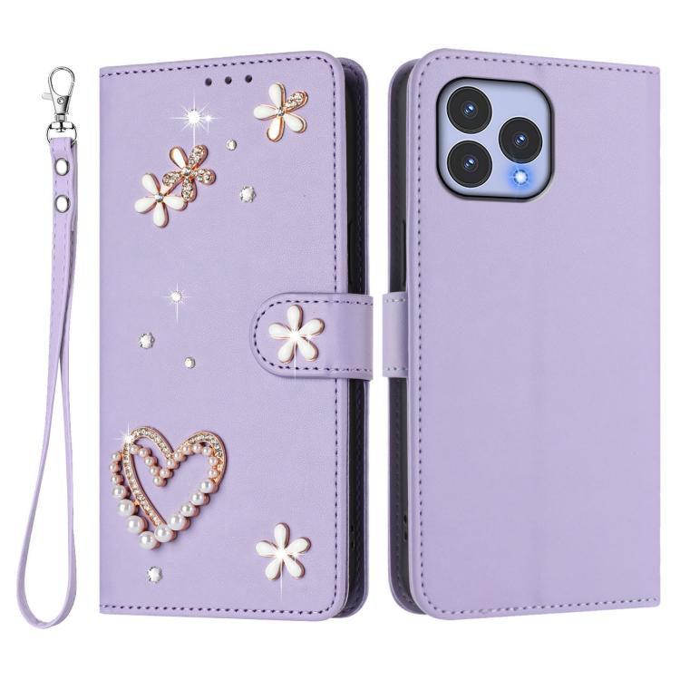 For Wiko T60 / Cubot P80 ZS01 Double-Layer Heart Floral Vegan Leather Phone Case with Wrist Strap
