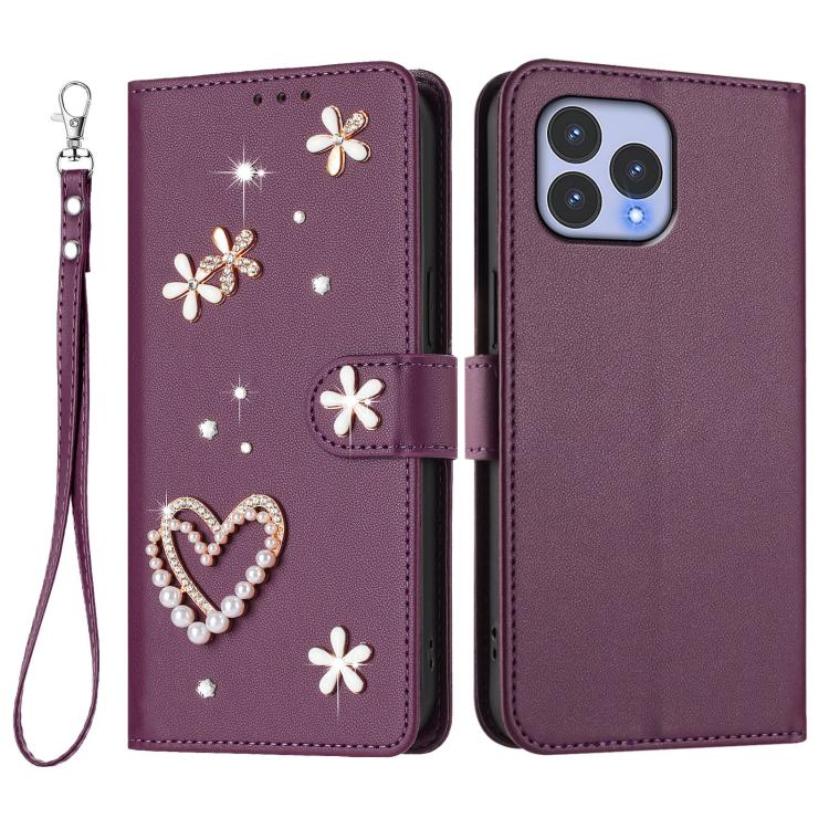 For Wiko T60 / Cubot P80 ZS01 Double-Layer Heart Floral Vegan Leather Phone Case with Wrist Strap