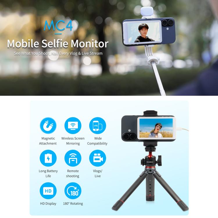 FEELWORLD MC4 Selfie Screen Monitor for Vlog Live Stream Magnetic Back Wireless Connection with Remote Control - White