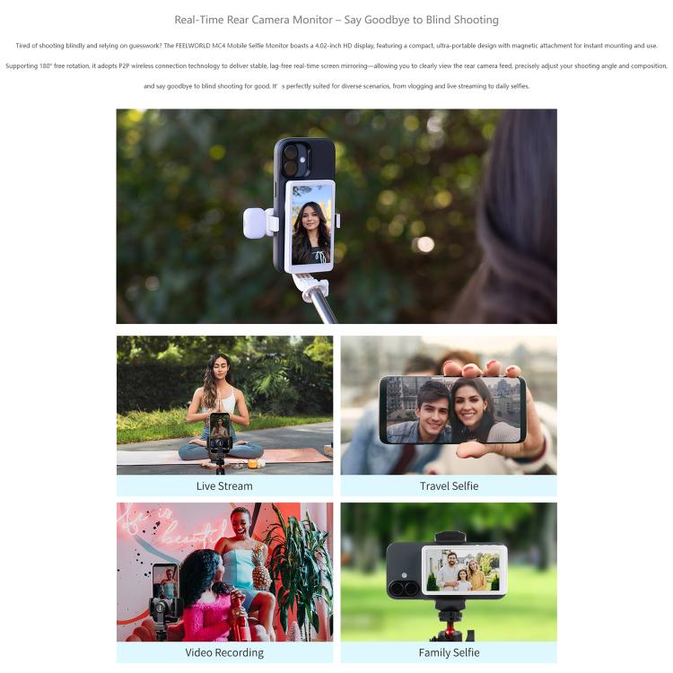 FEELWORLD MC4 Selfie Screen Monitor for Vlog Live Stream Magnetic Back Wireless Connection with Remote Control - White