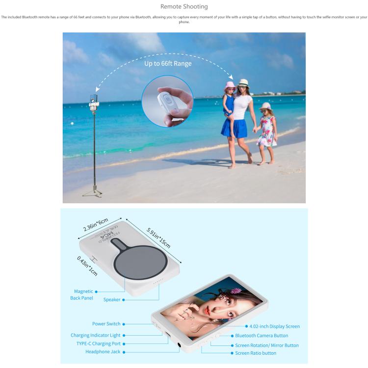 FEELWORLD MC4 Selfie Screen Monitor for Vlog Live Stream Magnetic Back Wireless Connection with Remote Control - White