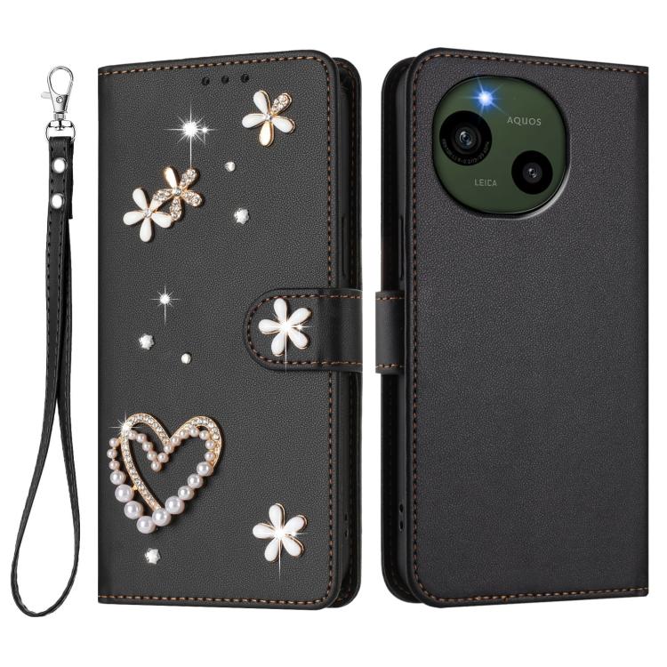 For Sharp Aquos R9 SH-51E ZS01 Double-Layer Heart Floral Vegan Leather Phone Case with Wrist Strap