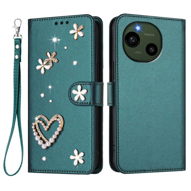 For Sharp Aquos R9 SH-51E ZS01 Double-Layer Heart Floral Vegan Leather Phone Case with Wrist Strap