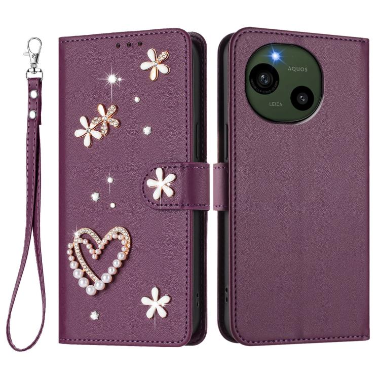 For Sharp Aquos R9 SH-51E ZS01 Double-Layer Heart Floral Vegan Leather Phone Case with Wrist Strap