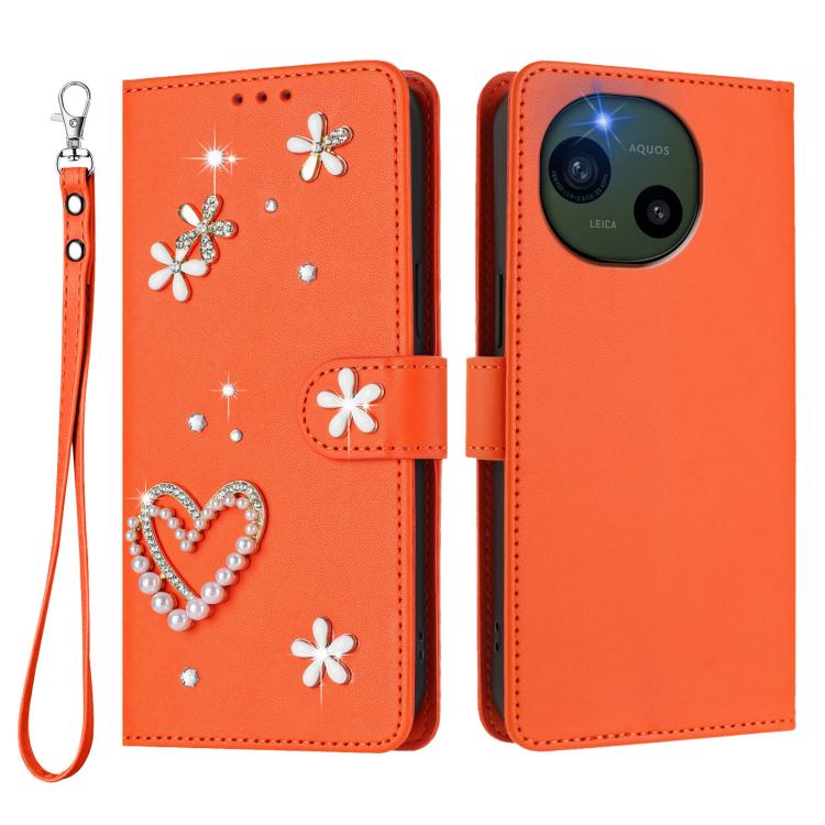 For Sharp Aquos R10 ZS01 Double-Layer Heart Floral Vegan Leather Phone Case with Wrist Strap