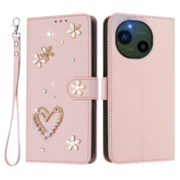 For Sharp Aquos R10 ZS01 Double-Layer Heart Floral Vegan Leather Phone Case with Wrist Strap