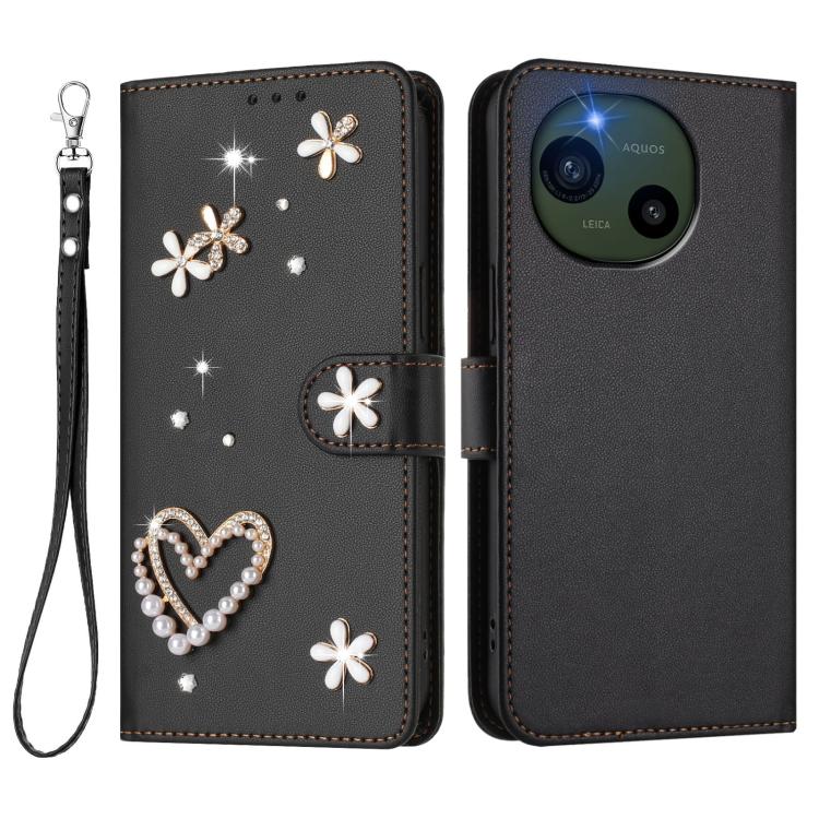 For Sharp Aquos R10 ZS01 Double-Layer Heart Floral Vegan Leather Phone Case with Wrist Strap