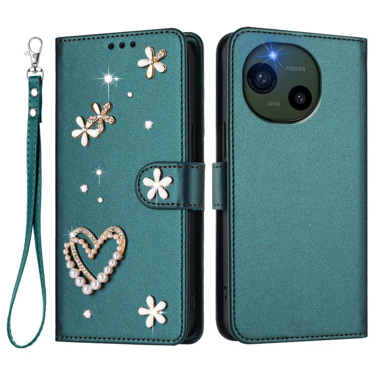 For Sharp Aquos R10 ZS01 Double-Layer Heart Floral Vegan Leather Phone Case with Wrist Strap