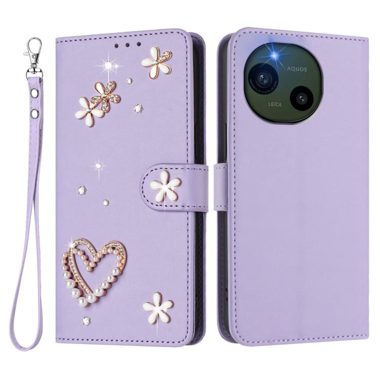 For Sharp Aquos R10 ZS01 Double-Layer Heart Floral Vegan Leather Phone Case with Wrist Strap