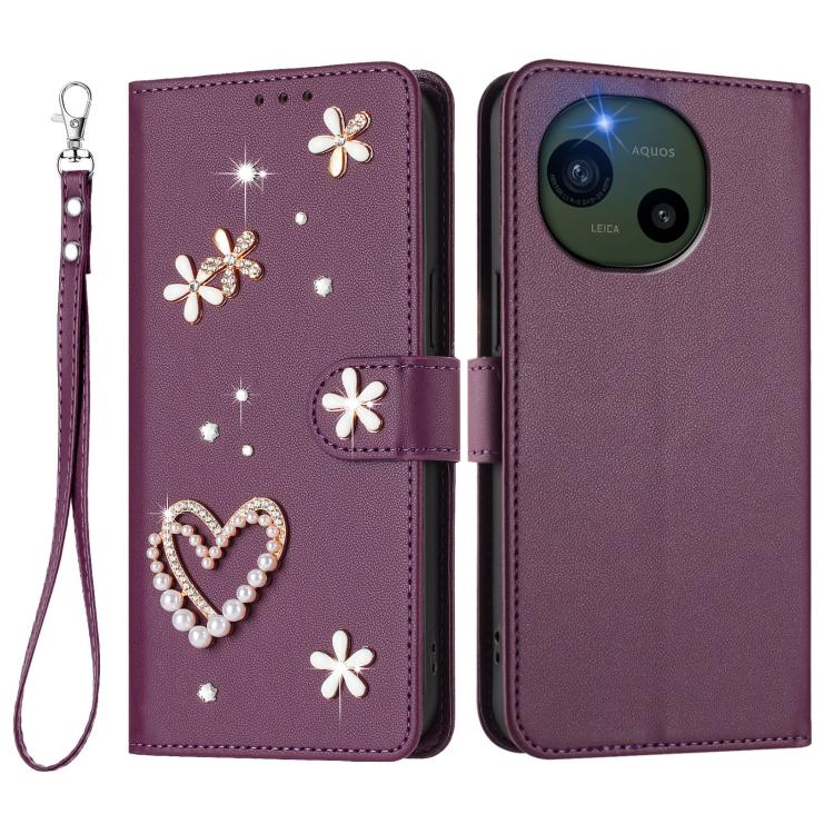 For Sharp Aquos R10 ZS01 Double-Layer Heart Floral Vegan Leather Phone Case with Wrist Strap