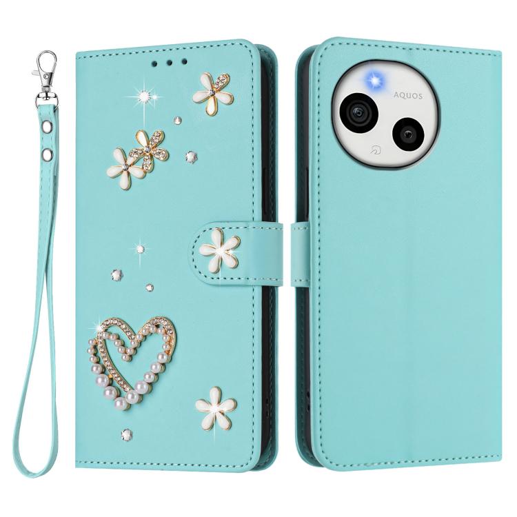 For Sharp Aquos Sense9 Plus ZS01 Double-Layer Heart Floral Vegan Leather Phone Case with Wrist Strap