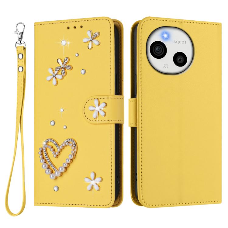 For Sharp Aquos Sense9 Plus ZS01 Double-Layer Heart Floral Vegan Leather Phone Case with Wrist Strap