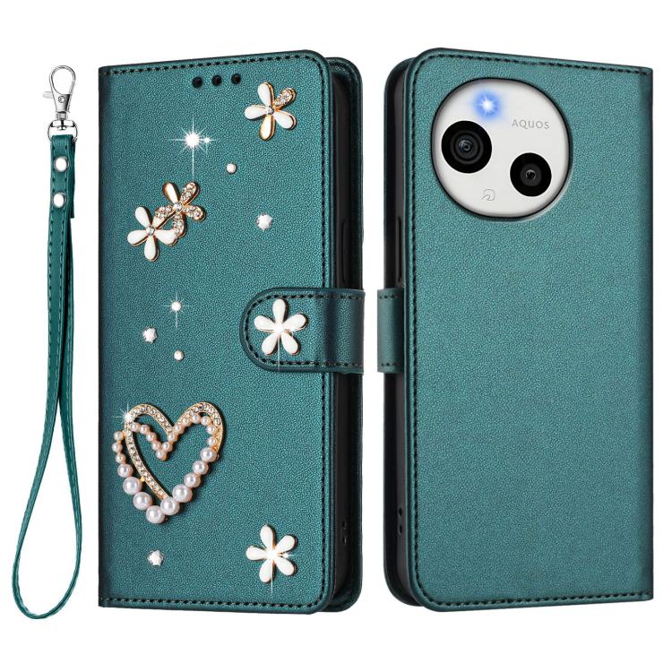 For Sharp Aquos Sense9 Plus ZS01 Double-Layer Heart Floral Vegan Leather Phone Case with Wrist Strap