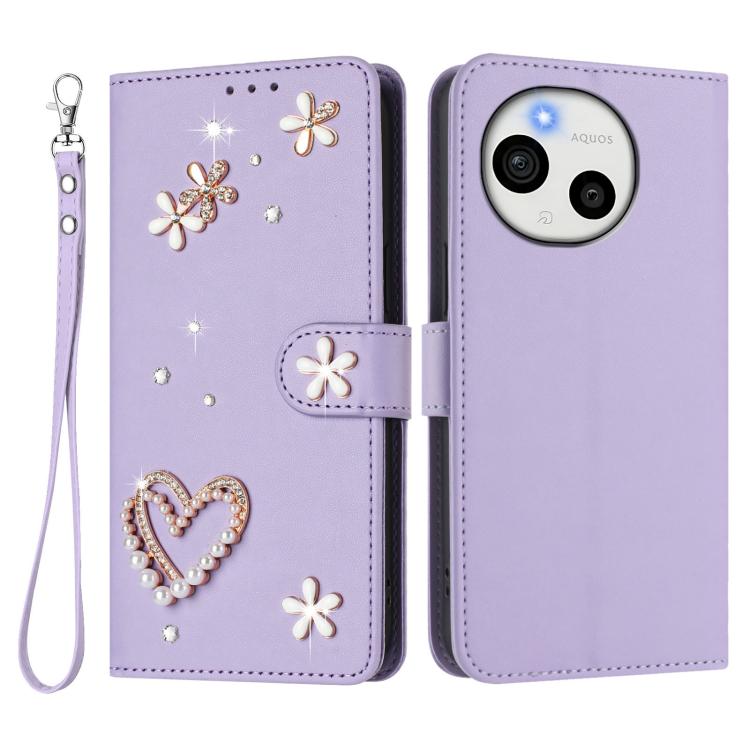 For Sharp Aquos Sense9 Plus ZS01 Double-Layer Heart Floral Vegan Leather Phone Case with Wrist Strap