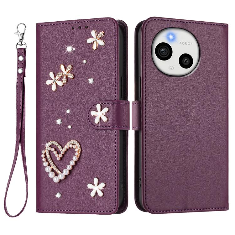 For Sharp Aquos Sense9 Plus ZS01 Double-Layer Heart Floral Vegan Leather Phone Case with Wrist Strap