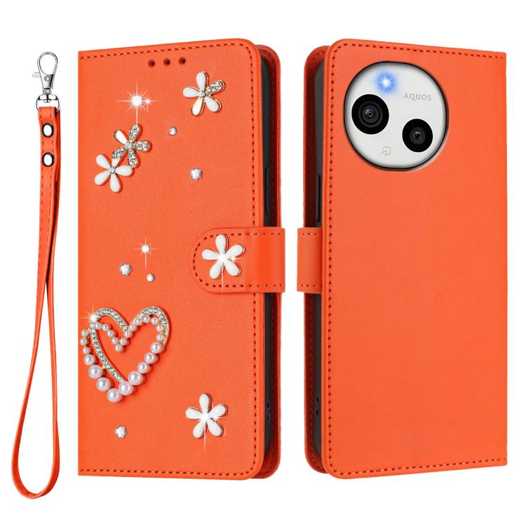 For Sharp Aquos Sense9 ZS01 Double-Layer Heart Floral Vegan Leather Phone Case with Wrist Strap