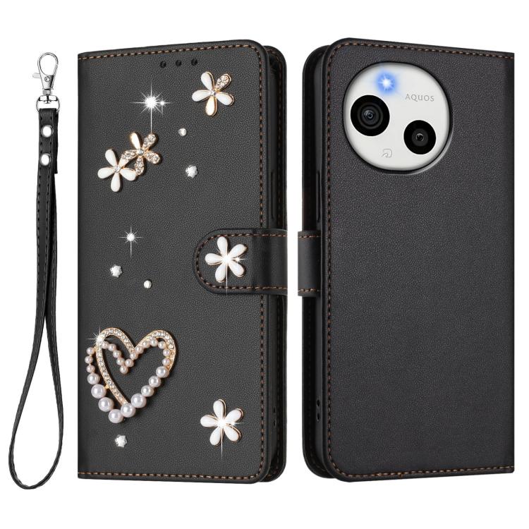 For Sharp Aquos Sense9 ZS01 Double-Layer Heart Floral Vegan Leather Phone Case with Wrist Strap