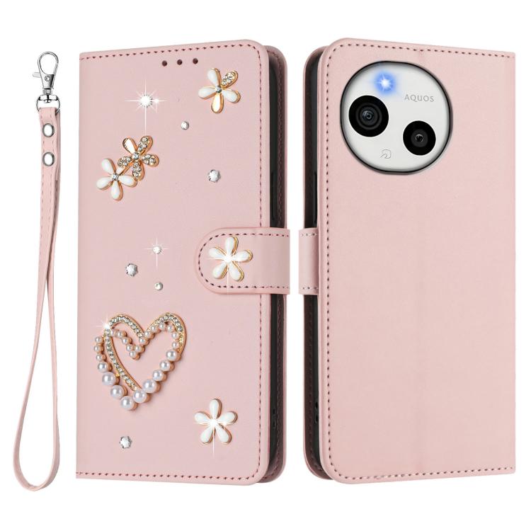 For Sharp Aquos Sense10 ZS01 Double-Layer Heart Floral Vegan Leather Phone Case with Wrist Strap