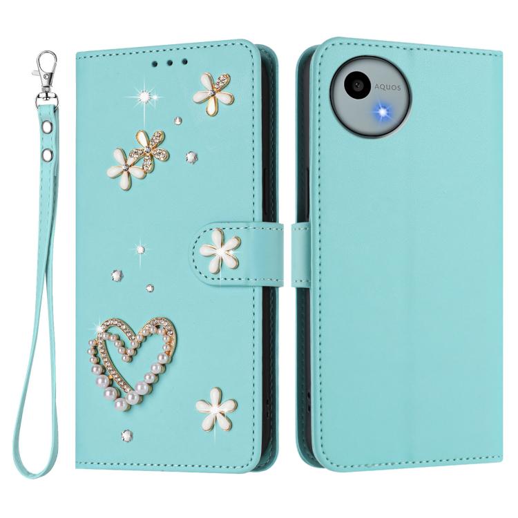 For Sharp Aquos Wish4 SH-52E ZS01 Double-Layer Heart Floral Vegan Leather Phone Case with Wrist Strap