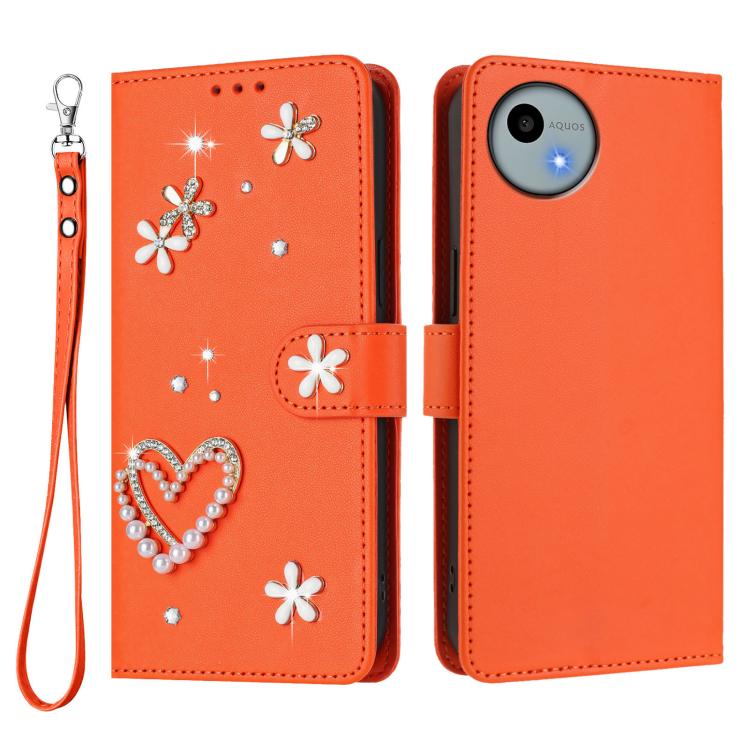 For Sharp Aquos Wish4 SH-52E ZS01 Double-Layer Heart Floral Vegan Leather Phone Case with Wrist Strap