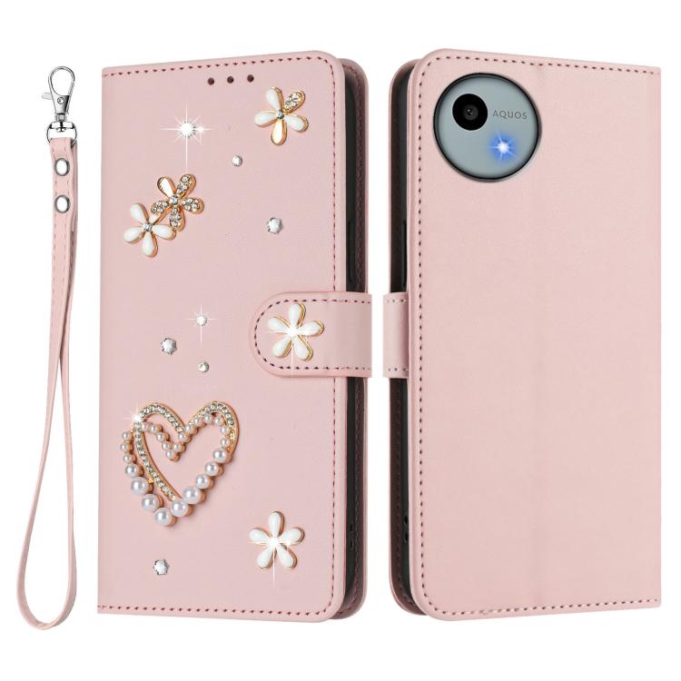 For Sharp Aquos Wish4 SH-52E ZS01 Double-Layer Heart Floral Vegan Leather Phone Case with Wrist Strap