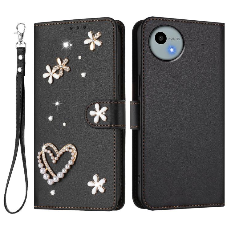 For Sharp Aquos Wish4 SH-52E ZS01 Double-Layer Heart Floral Vegan Leather Phone Case with Wrist Strap