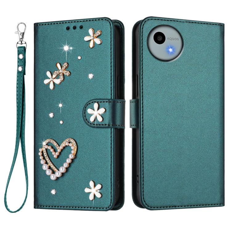 For Sharp Aquos Wish4 SH-52E ZS01 Double-Layer Heart Floral Vegan Leather Phone Case with Wrist Strap