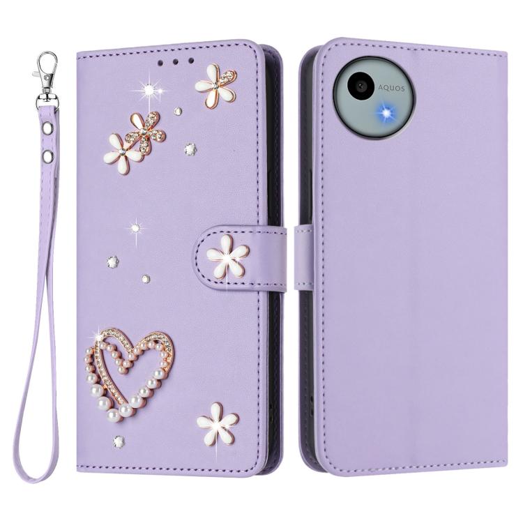 For Sharp Aquos Wish4 SH-52E ZS01 Double-Layer Heart Floral Vegan Leather Phone Case with Wrist Strap