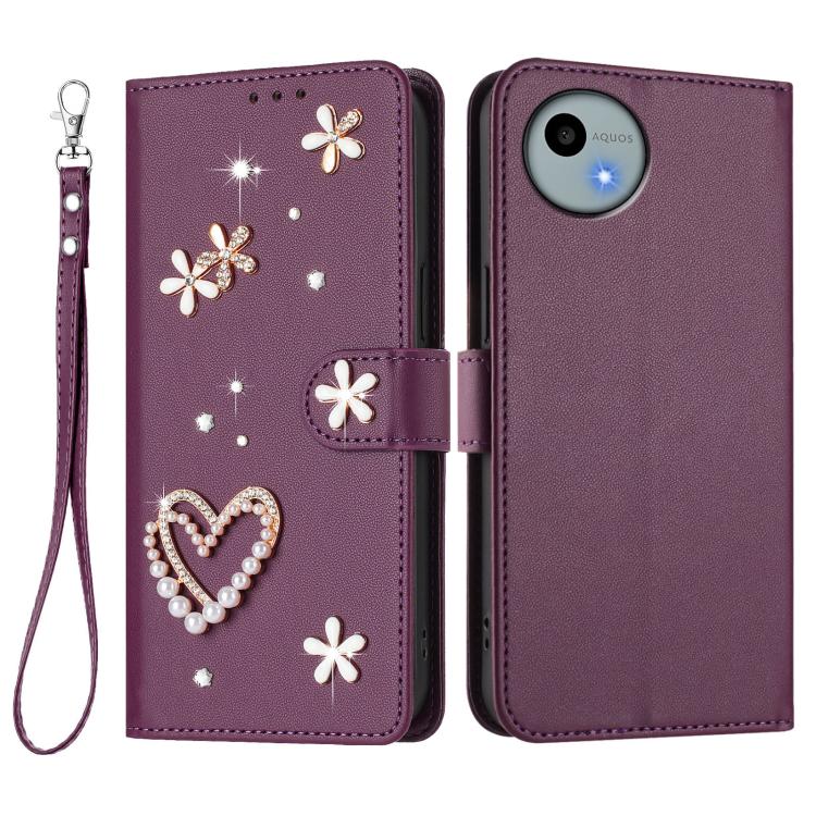 For Sharp Aquos Wish4 SH-52E ZS01 Double-Layer Heart Floral Vegan Leather Phone Case with Wrist Strap