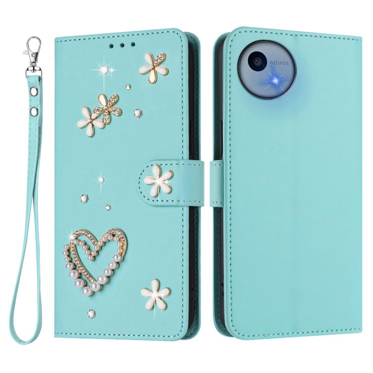 For Sharp Aquos Wish5 ZS01 Double-Layer Heart Floral Vegan Leather Phone Case with Wrist Strap