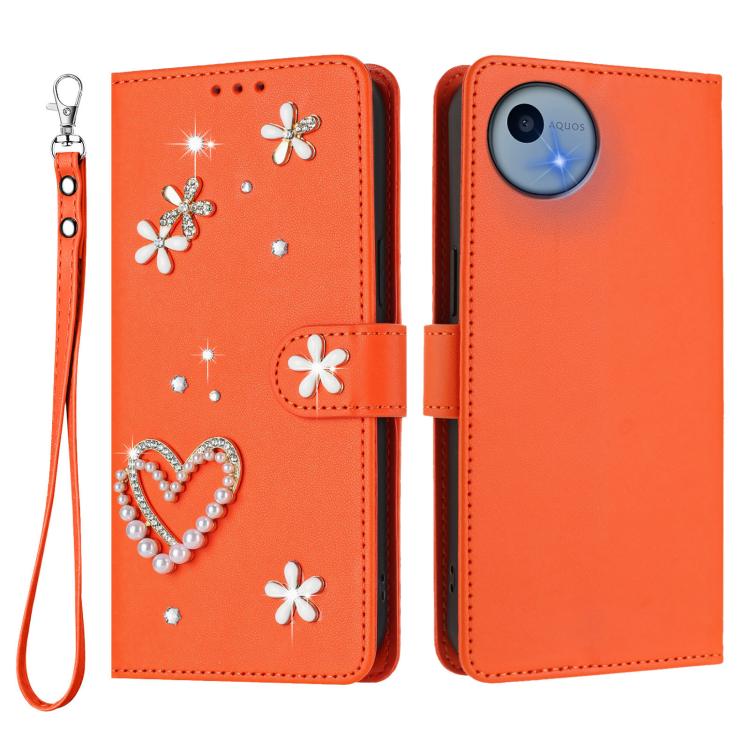 For Sharp Aquos Wish5 ZS01 Double-Layer Heart Floral Vegan Leather Phone Case with Wrist Strap