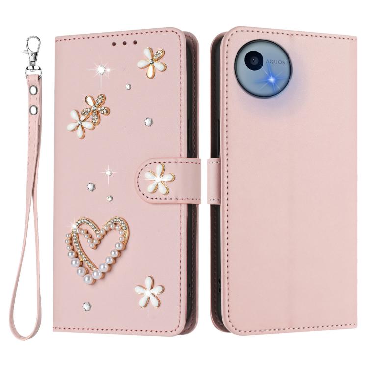 For Sharp Aquos Wish5 ZS01 Double-Layer Heart Floral Vegan Leather Phone Case with Wrist Strap