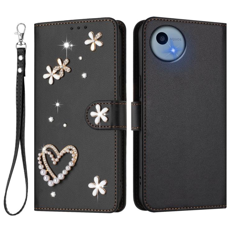 For Sharp Aquos Wish5 ZS01 Double-Layer Heart Floral Vegan Leather Phone Case with Wrist Strap