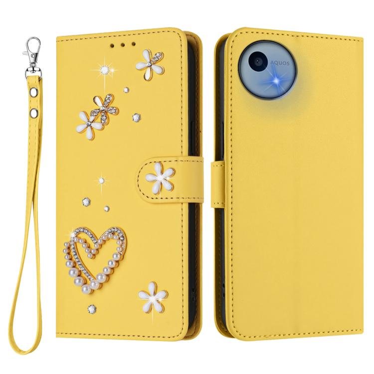 For Sharp Aquos Wish5 ZS01 Double-Layer Heart Floral Vegan Leather Phone Case with Wrist Strap